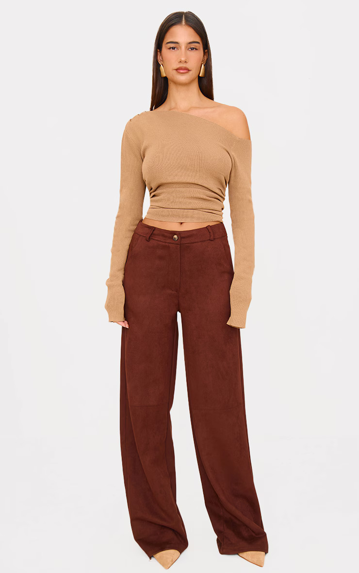 Chocolate Faux Suede Tailored Straight Leg Pants | PrettyLittleThing US
