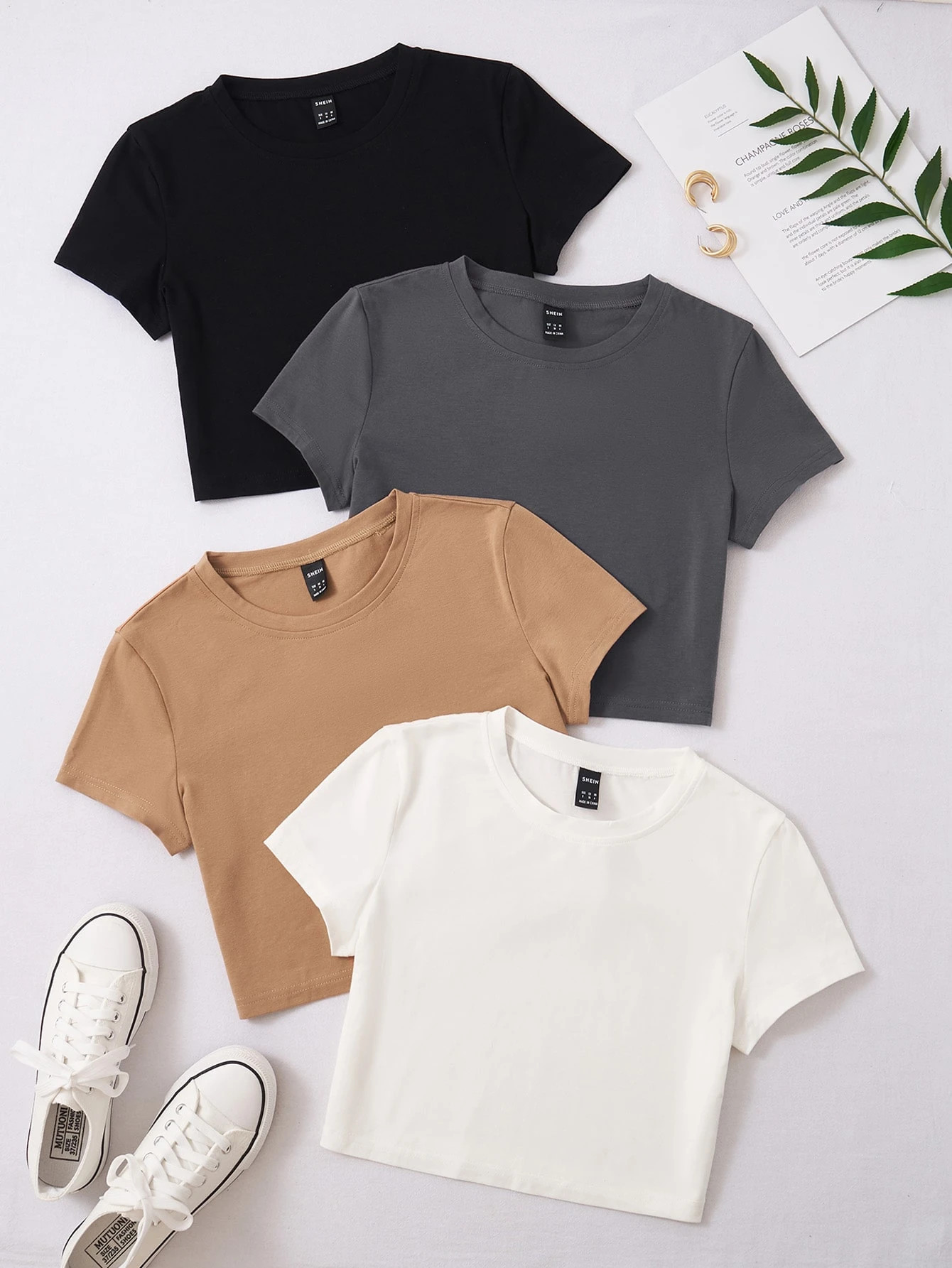Plus 4pcs Round Neck Crop Tee | SHEIN