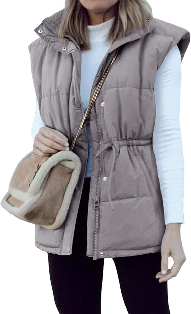 BTFBM Women's Casual Outerwear Vest Button Down Zip Up Padded Gilet Drawstring Sleeveless Jackets... | Amazon (US)