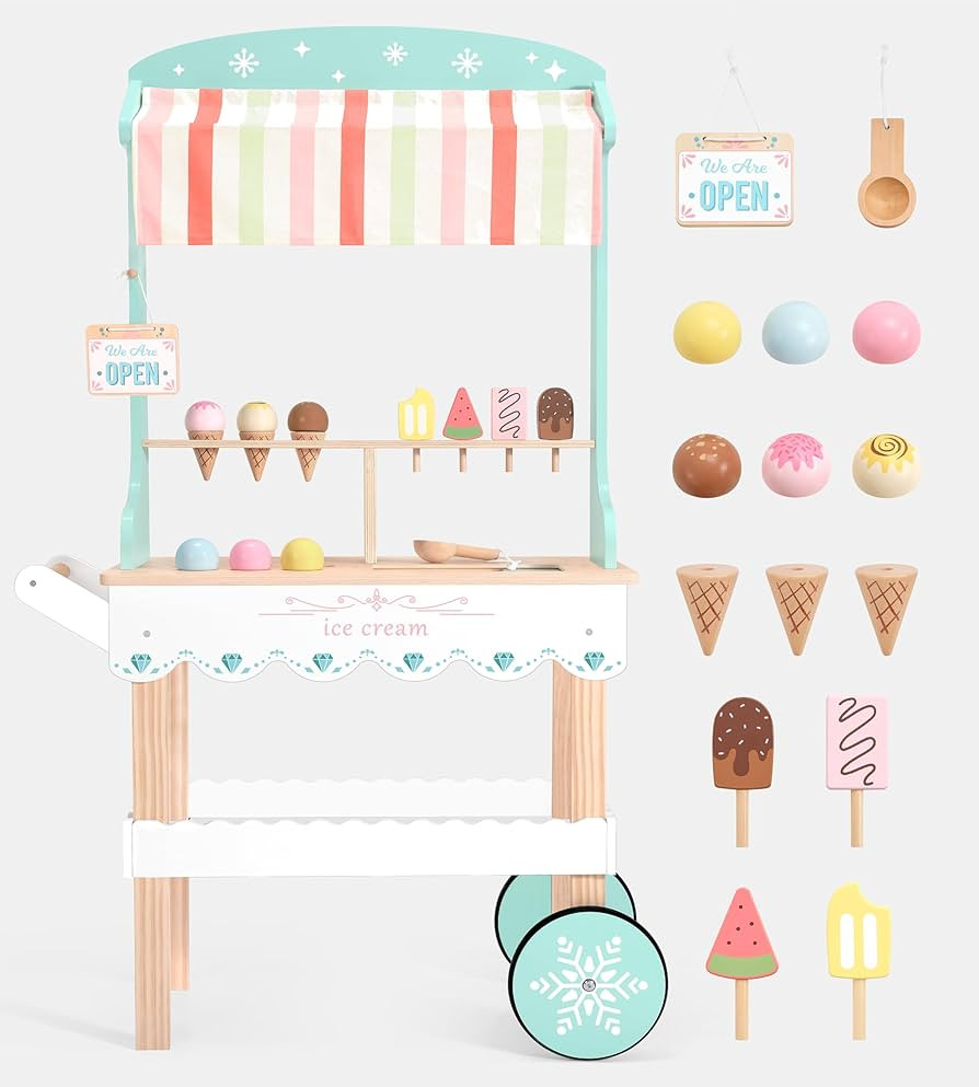 PairPear Wooden Ice Cream Cart for Kids Pretend Play Grocery Store, Ice Cream Truck with Wheels, ... | Amazon (US)