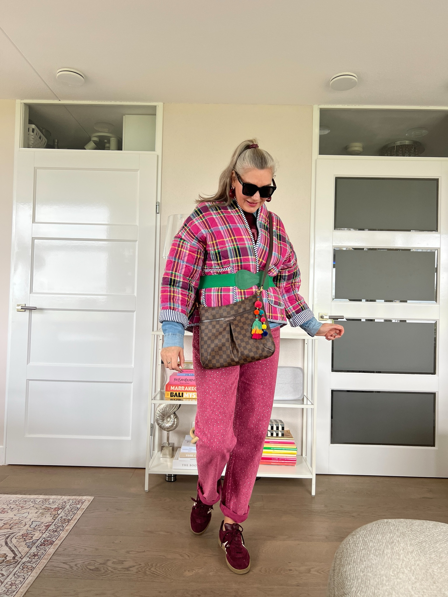 Ootd - Saturday. Plaid quilt jacket (old), green stretch belt, men’s denim shirt (thrifted), burgundy t-shirt, bead necklaces, pink sparkly jeans (Most Wanted), oversized sunnies, Louis Vuitton Bloomsbury bag. 



#LTKFashionMonth #LTKnederlands #LTKeurope