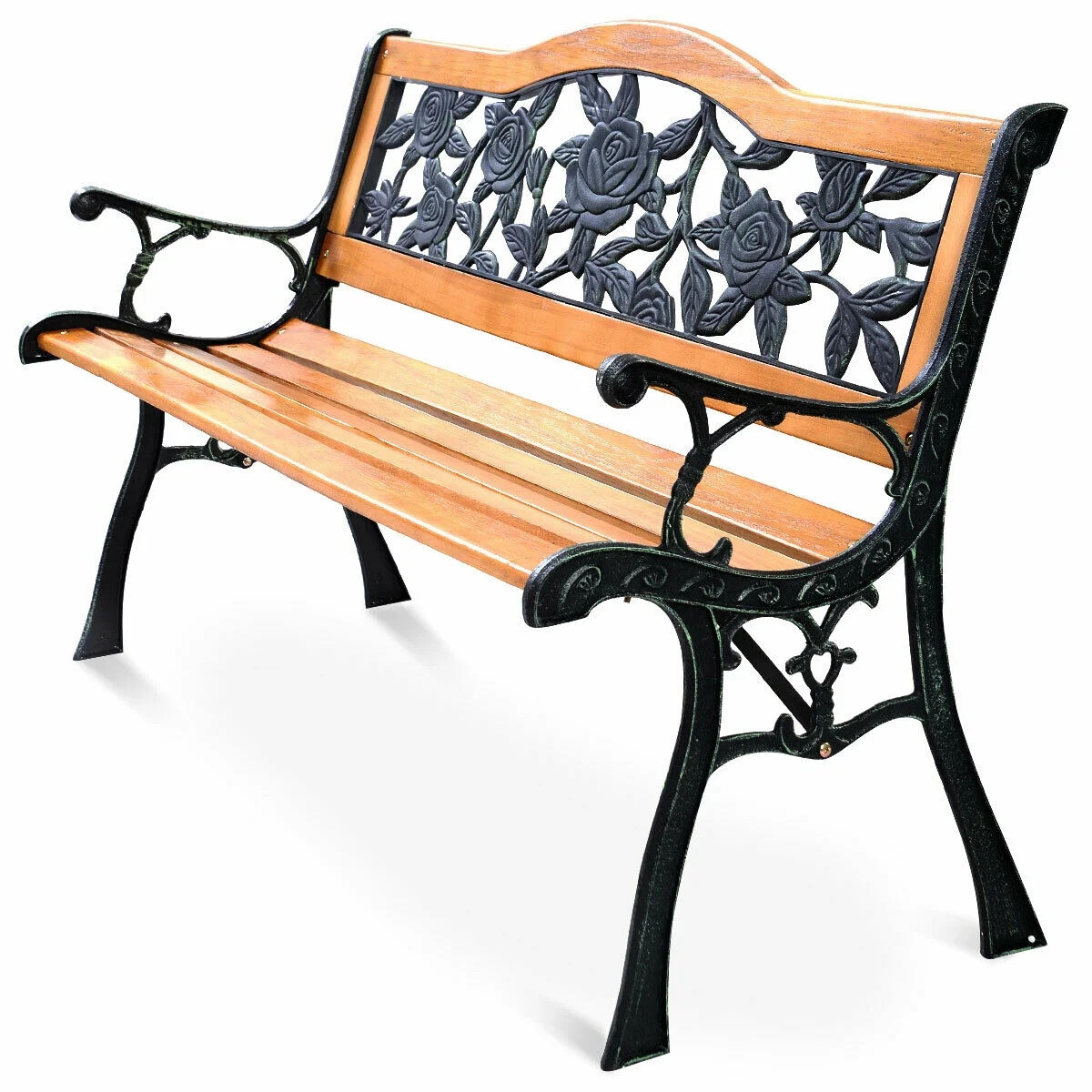 Patio Park Garden Metal Bench Porch Path Chair Furniture Cast Iron Hardwood | Walmart (US)