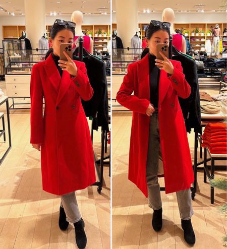A bold and classic coat currently 50% off! Linked a few other sad picks as well

• J Crew Mirabelle topcoat in Italian wool blend - I'm trying on a 00 regular and it fits really well. Their petite coats run short in the sleeves and might be too short based on the reviews. Beautiful red color and classic tailored silhouette 

• Abercrombie ultra high rise ankle jeans size 24 short - these are nearly full length on me, for a shorter cropped jean I absolutely love this fit 

• Uniqlo black heattech turtleneck size xxs 

• Kenneth cole gentle souls booties - sold out in many places but I linked several options

#petite warm winter outfit Christmas and lunar new year 

#LTKSeasonal #LTKHoliday #LTKstyletip