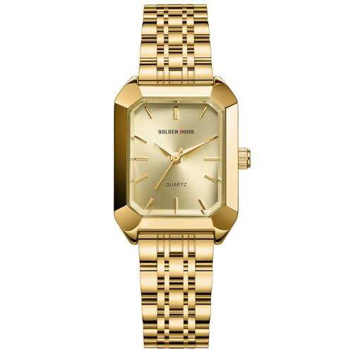 GOLDEN HOUR Women's Rectangular Quartz Watch, Gold Tone Stainless Steel Band, Gold Dial | Amazon (US)