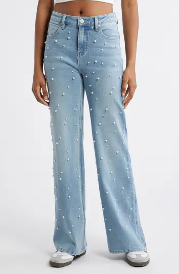 High Waist Faux Pearl Flare Leg Jeans | Nordstrom