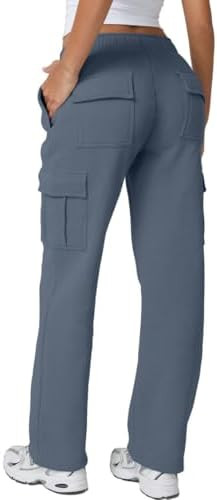 QINSEN Womens Elastic Medium Waist Pocket Sweatpants Fleece Cargo Pants | Amazon (US)