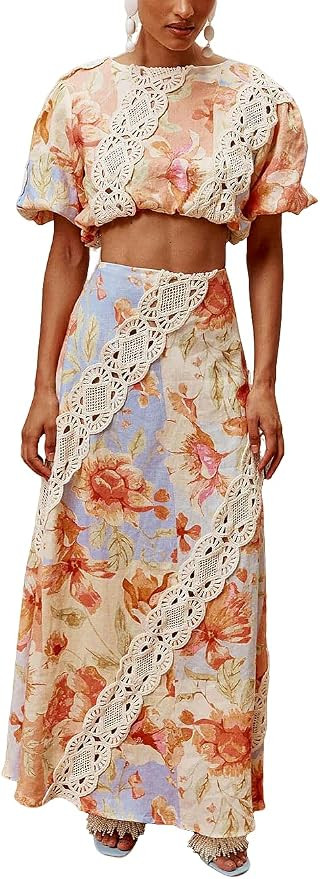 Skirts Set Two Piece Sets for Women Floral Print Lace-Trim Crop Tops Maxi Skirt Elegant Dinner Ou... | Amazon (US)