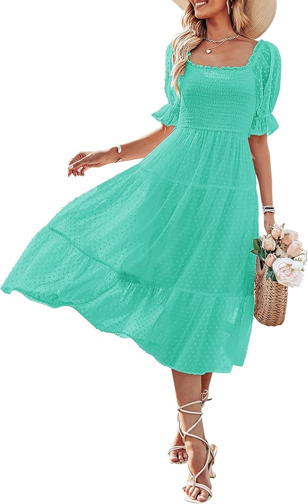 MEROKEETY Women's 2024 Summer Square Neck Puff Sleeve Boho Midi Dress Swiss Dot Ruffle Flowy Tie ... | Amazon (US)