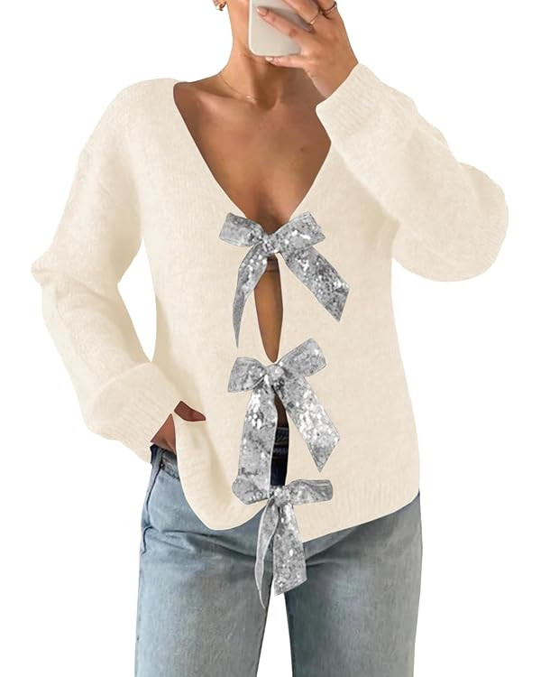 Saodimallsu Womens V Neck Long Sleeve Sweater Fall Trendy Sequin Bow Cropped Sexy Loose Knit Pull... | Amazon (US)