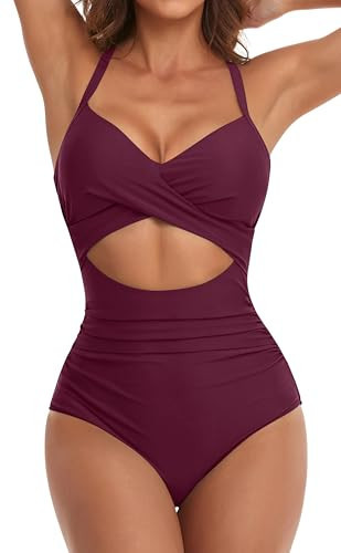 Eomenie Women's One Piece Swimsuits Tummy Control Cutout High Waisted Bathing Suit Wrap Tie Back 1 Piece Swimsuit Purple | Amazon (US)