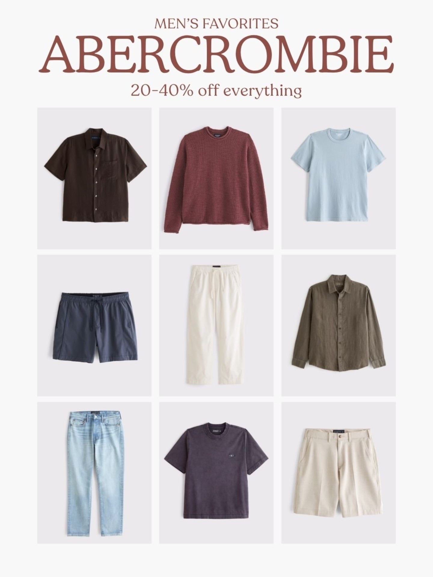 [6/26/26] @abercrombie is currently running 20-40% off everything 🤍 ends 7/1. Linking men’s styles that Jake loves + some new arrivals! 

*Offer valid online only 6/25/2026-7/1/2026 in US/CA. Exclusions apply as indicated. Online price reflects discount.

#LTKMens #LTKSaleAlert #LTKSeasonal