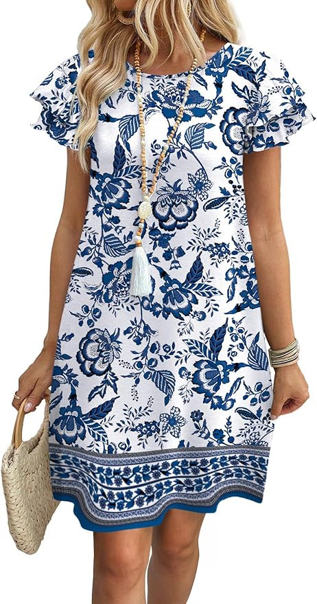 OFEEFAN Womens Summer Dresses 2026 Ruffle Sleeve Round Neck Loose Swing Sundresses with Pockets P... | Amazon (US)