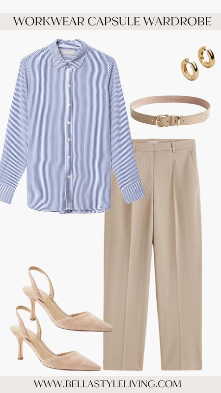 Chic tan and blue workwear outfit.  How cute are these workwear heels? 

#LTKshoecrush #LTKunder100 #LTKworkwear