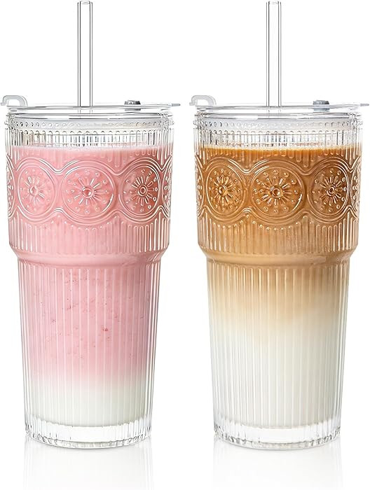 20oz Ribbed & Floral Glass Tumbler Set of 2 – Reusable Glass Cups with Lid and Glass Straw, Ice... | Amazon (US)
