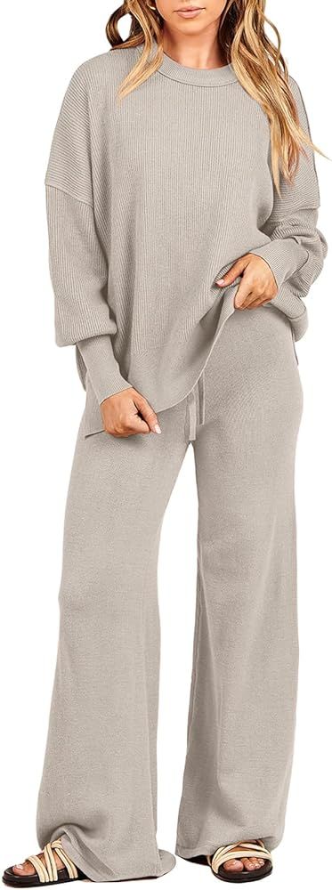 ANRABESS Women 2 Piece Outfits Oversized Chunky Knit Sweater Top Wide Leg Pants 2024 Fall Lounge ... | Amazon (US)