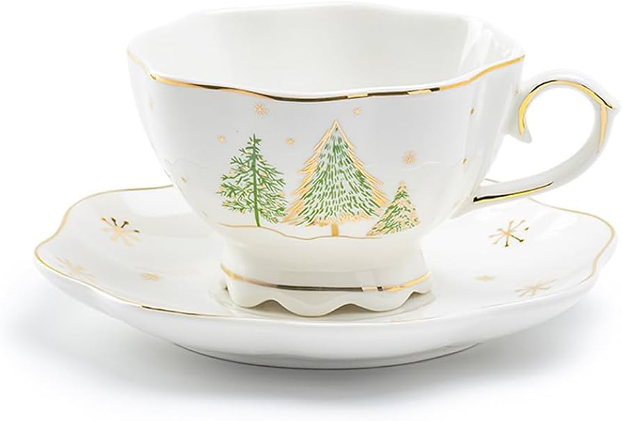 Christmas Pine Trees Fine Porcelain Scallop Shaped Tea Cup and Saucer Set, One Cup with One Sauce... | Amazon (US)