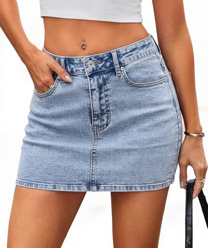 LOLILRSD Denim Skirt Mini Low Waist Jean Skirts for Women Casual Stretch Y2K with Pockets(LB,XS) Light Blue | Amazon (US)