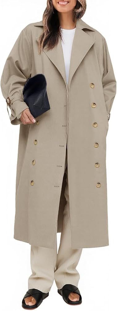 Tankaneo Womens Long Trench Coat Oversized Double Breasted Windproof Classic Lapel Casual Fall Ov... | Amazon (US)