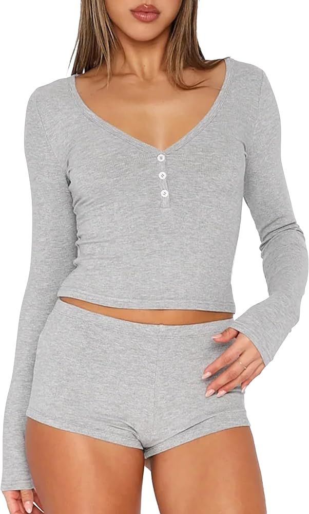 Cioatin Women 2 Piece Ribbed Knit Pajama Set Long Sleeve Button Crop Top and Shorts Lounge Sweats... | Amazon (US)