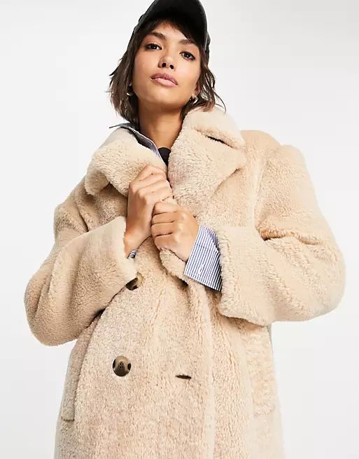 Whistles double breasted teddy coat in cream | ASOS (Global)