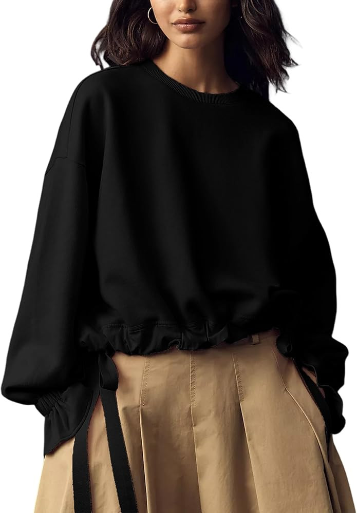 Women Tie Up Sweatshirt Crewneck Balloon Long Sleeve Shirt Casual Fall Pullover Crop Babydoll Top... | Amazon (US)