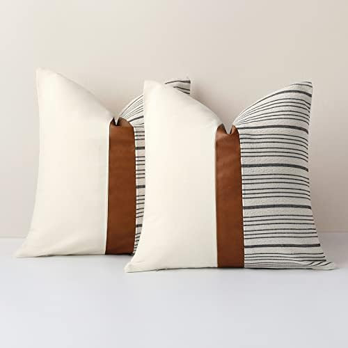 Throw Pillow Covers 24 x 24 Inch Farmhouse Pillow Covers,Cotton Tan Faux Leather Square Home Deco... | Amazon (US)