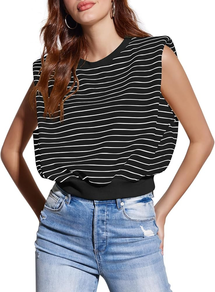 Tankaneo Women's Stripped Tank Tops Crewneck Casual Summer Sleeveless Vest with Shoulder Pads | Amazon (US)