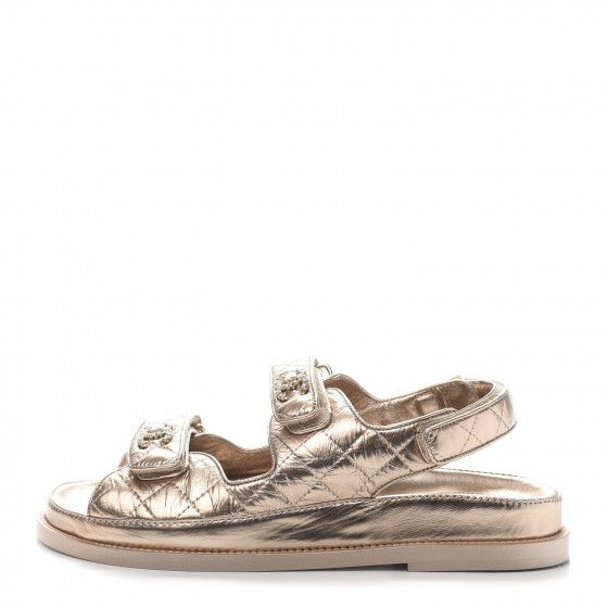 CHANEL Iridescent Lambskin Quilted Velcro Dad Sandals 38 Light Bronze | Fashionphile