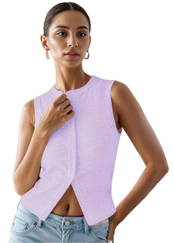 Women’s Button Down Tank Tops Ribbed Summer Vest Button Up Open Front Sleeveless Slim Fit Crop ... | Amazon (US)