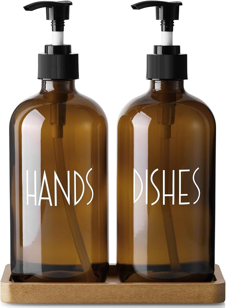 ALELION Amber Dlass Soap Dispenser for Kitchen - 16 OZ Hand and Dish Soap Dispenser Set with Acac... | Amazon (US)