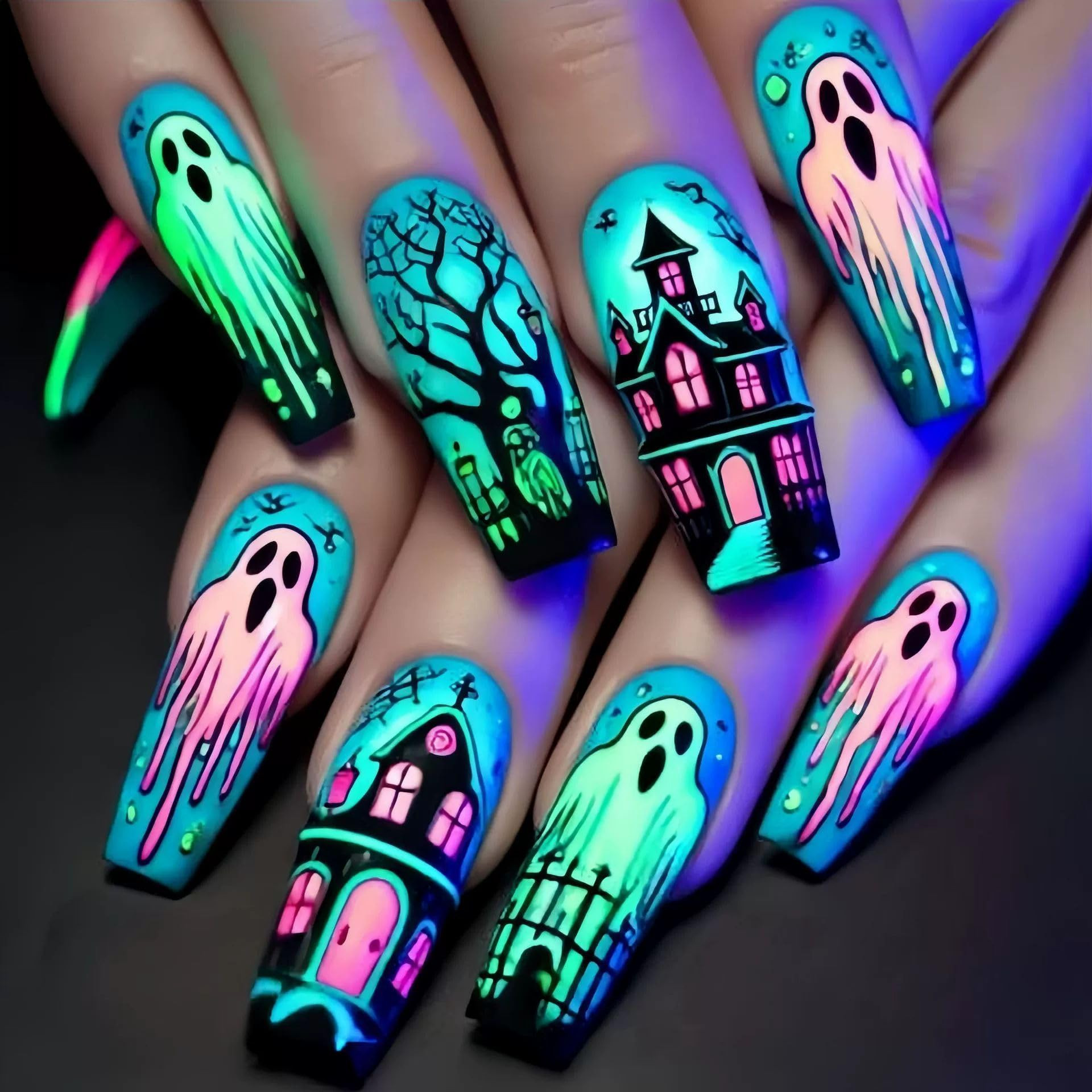 2025 Halloween Press on Nails Long Coffin Fake Nail with Holiday Design for Women 24pcs Pattern 1... | Amazon (US)