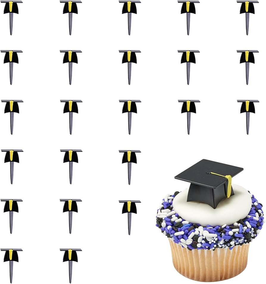 DecoPac Grad Hat Cupcake Toppers, 24 Graduation Cake Pics, Black Grad Hat DecoPics, Food Safe Cak... | Amazon (US)