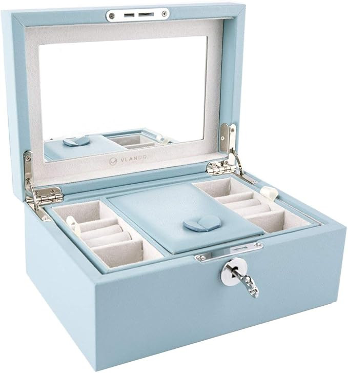 Vlando Two Tray Lockable Jewelry Box, Jewelries Collections Organizer, Girls Gift (Light Blue) | Amazon (US)