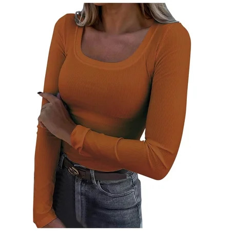 Huesdet Women V Neck Ribbed Long Sleeve Shirt Fitted Basic Slim Knit Top(Orange 3XL) | Walmart (US)