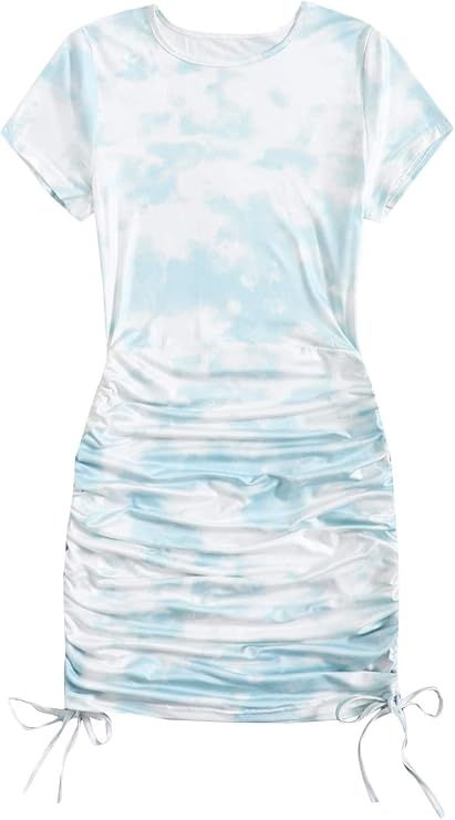 Romwe Women's Tie Dye Short Sleeve Drawstring Ruched Mini Bodycon Dress | Amazon (US)