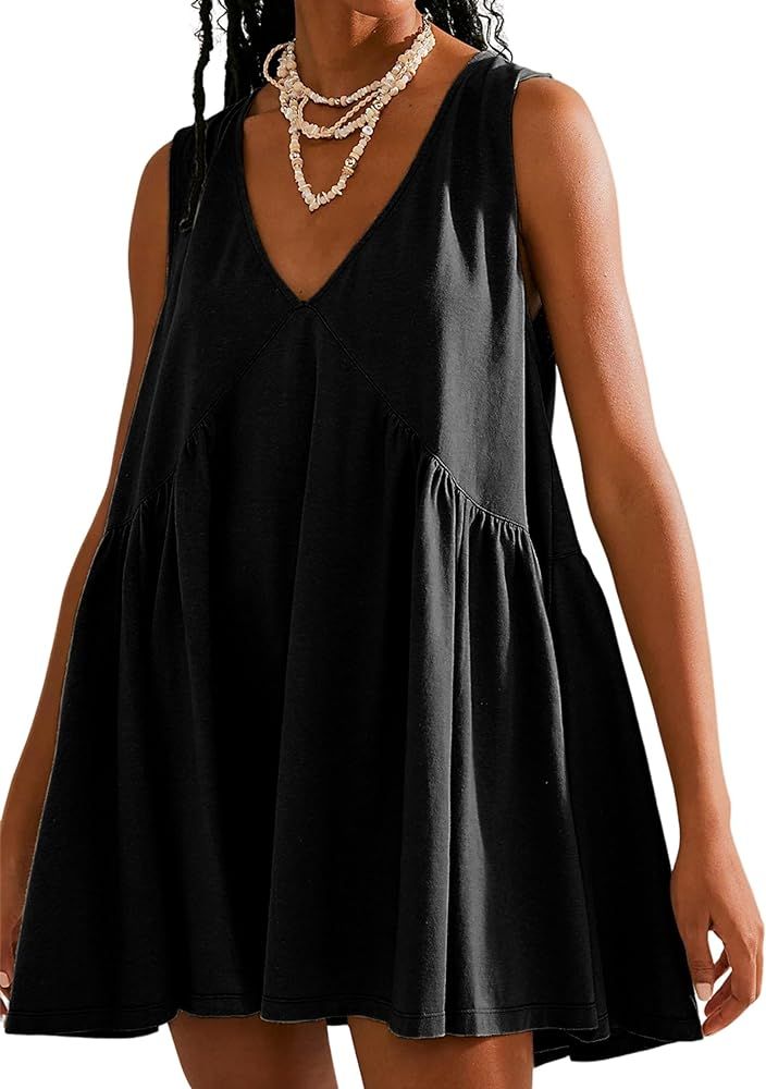 Womens Summer Sleeveless Mini Dress Casual Loose V Neck Sundress Swing Flowy Beach Dress with Poc... | Amazon (US)
