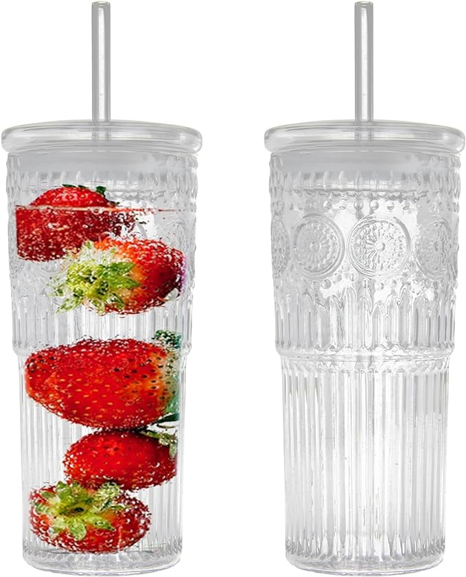 Bandesun All Glass Iced Coffee Cup With Lids and Straws，24 OZ High Borosilicate Glass Tumbler f... | Amazon (US)