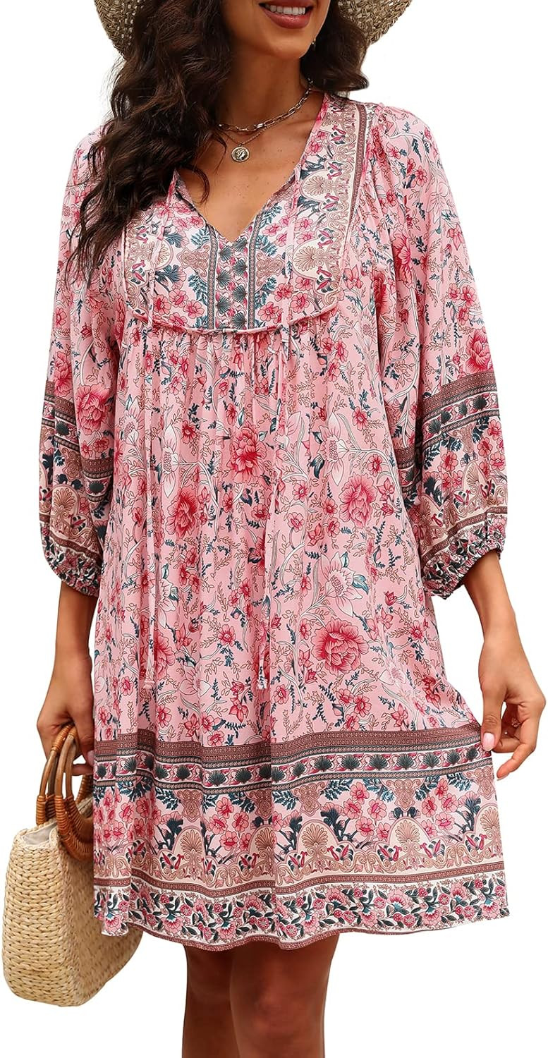 Qearal Womens Casual V Neck 3/4 Sleeve Boho Floral Printed Loose Short Mini Summer Beach Dress | Amazon (US)