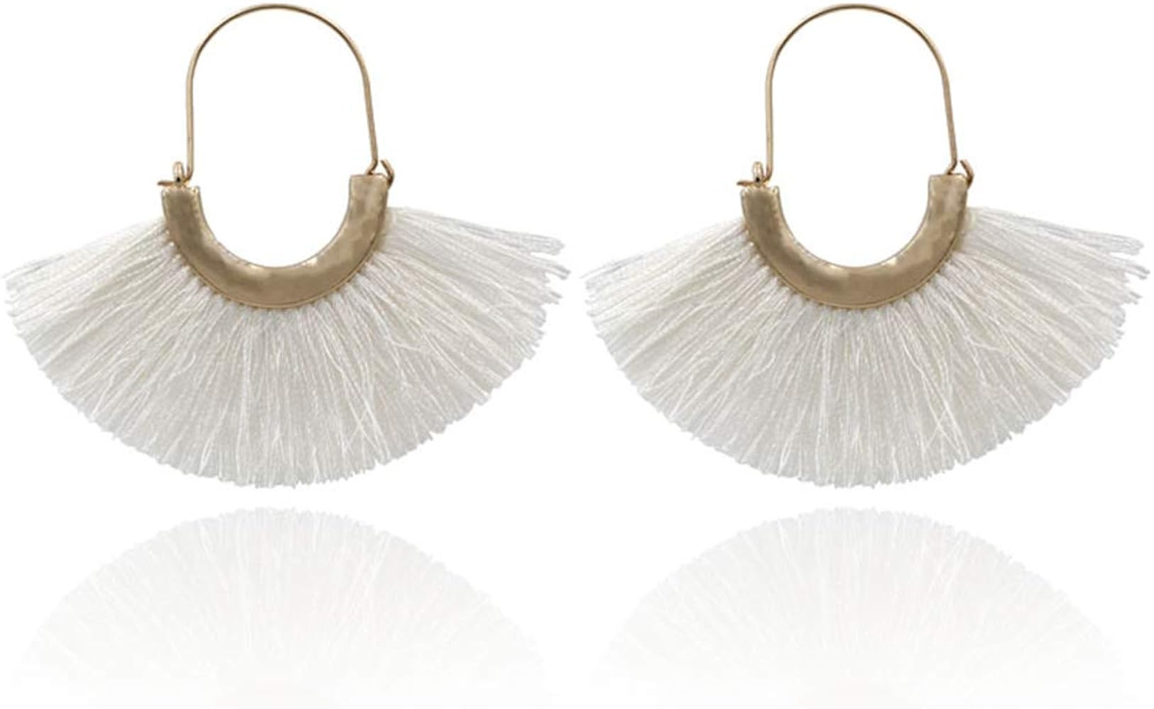 Bohemian Silky Thread Tassel Strand Fringe Statement Hoop Earrings - Lightweight Semi Circle Fan Thr | Amazon (US)