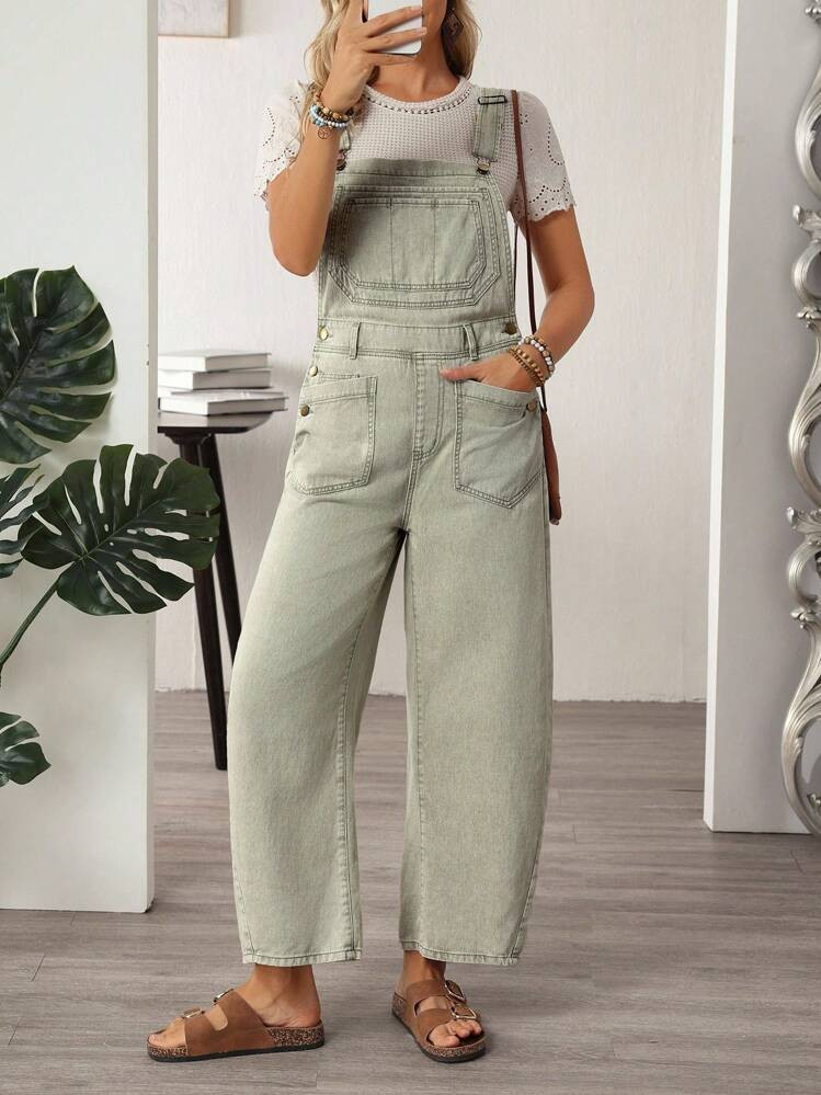 EMERY ROSE Women's Casual Street Chic College Style Solid Color Patchwork Pocket Denim Jumpsuit Women Denim Jeans Jumpsuit Women Jumpsuits Barrel Leg/Barrel-Leg Jeans | SHEIN