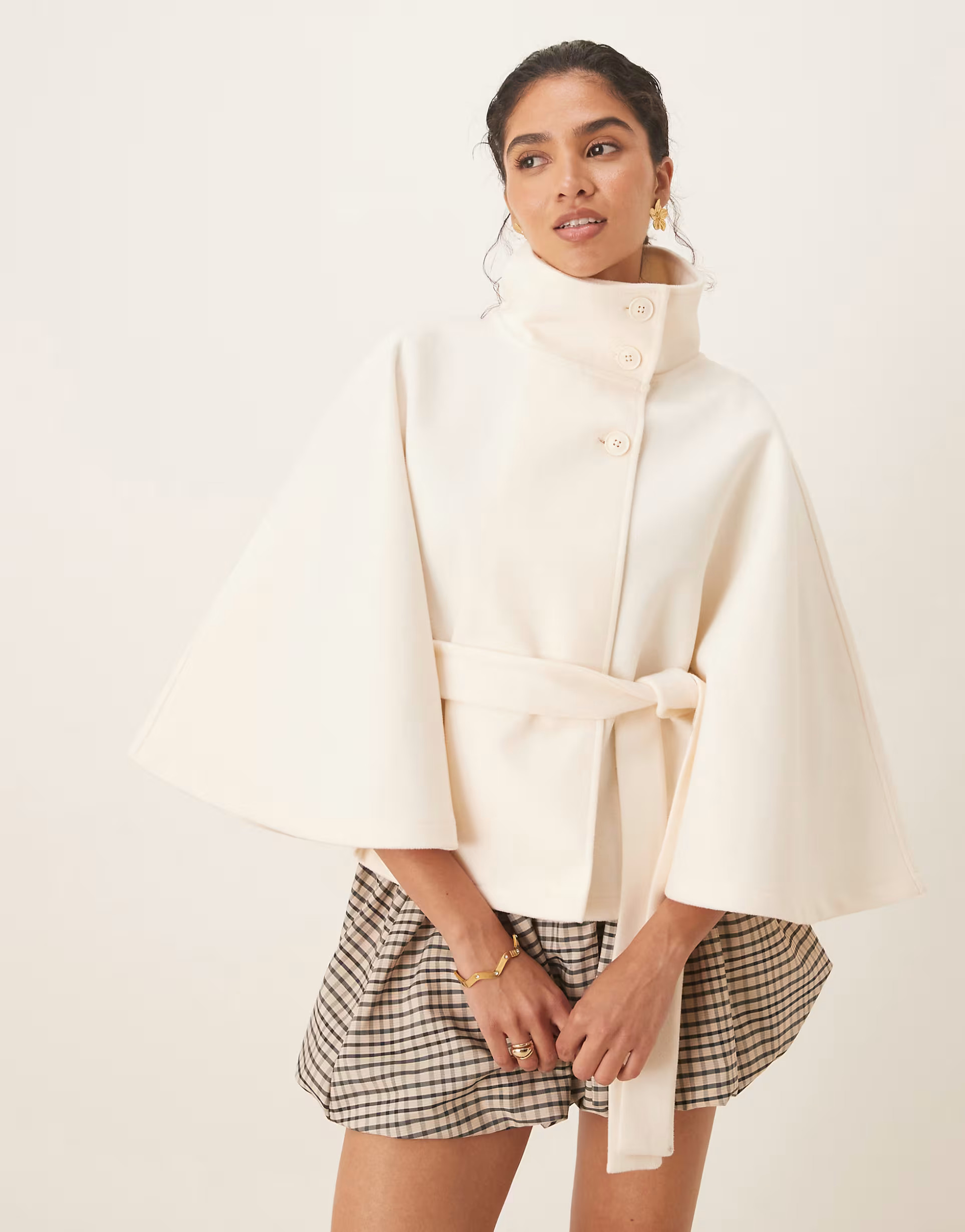 Gina Tricot funnel neck belt cape jacket in cream | ASOS (Global)