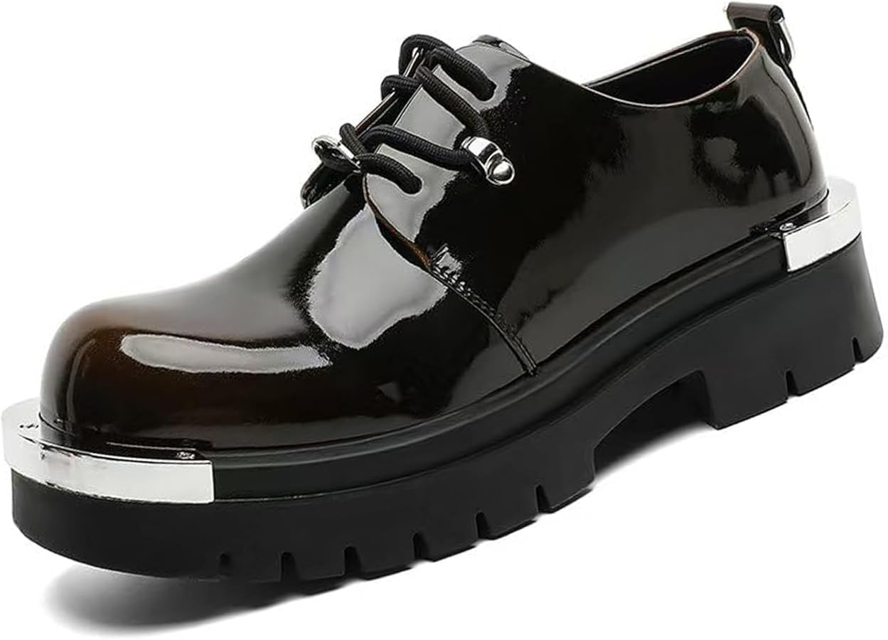 Men's Patent Leather Gradient Metal-Plate Platform Oxfords Wide Round Toe Lace Up Non Slip Lug So... | Amazon (US)