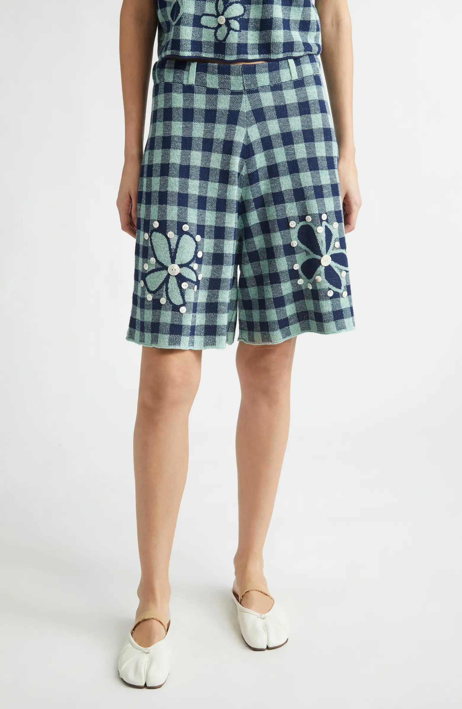Gingham Flower Linen & Cotton Blend Jacquard Bermuda Shorts | Nordstrom