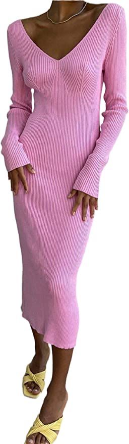 Suéter de punto con botones para mujer, vestido largo vintage de manga larga con cuello en V, ve... | Amazon (US)