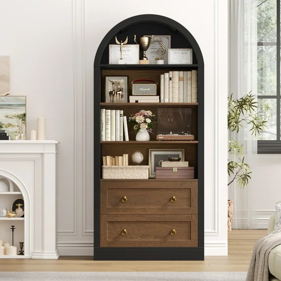 Hiphuta 70"Tall Arched Bookcase, 4-Tier Bookshelves with 2 Large Drawers, Wooden Display Shelf wi... | Walmart (US)