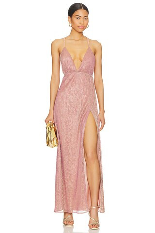 Hailee High Slit Maxi Dress in Pink Metallic | Revolve Clothing (Global)