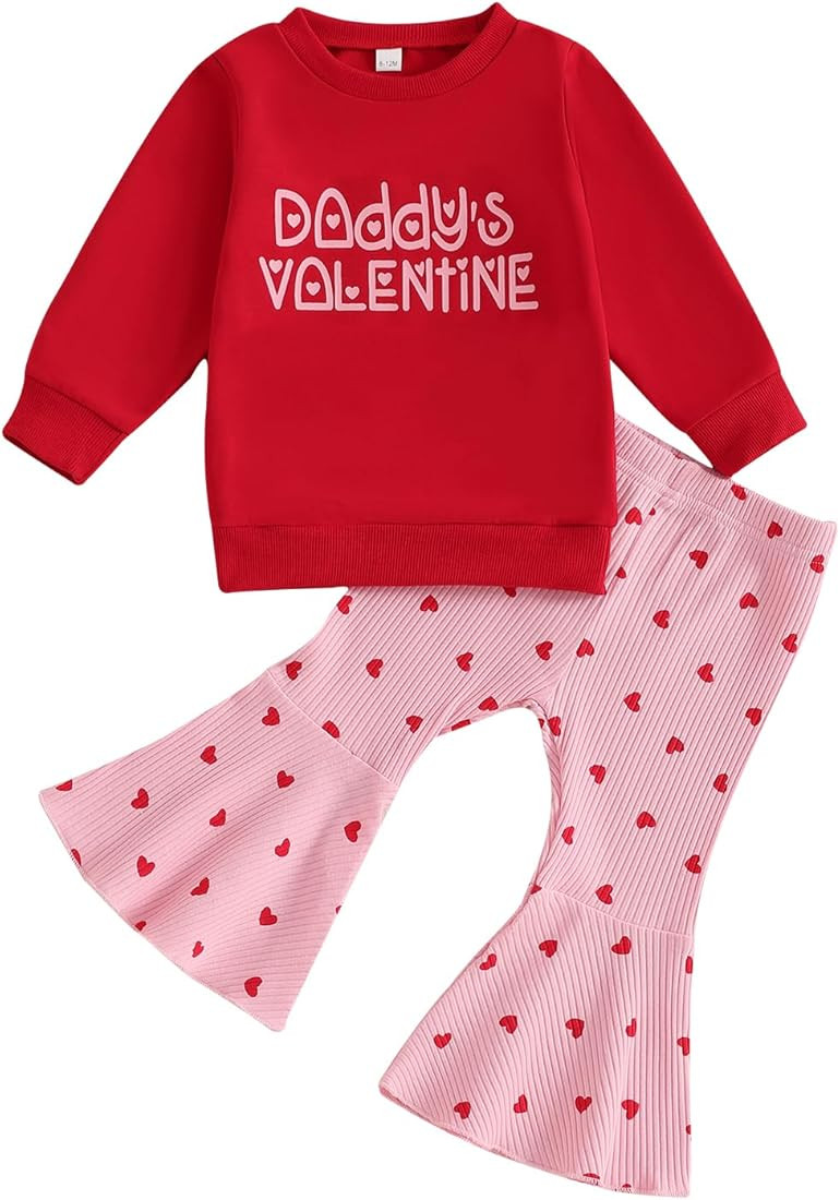 Toddler Baby Girls Valentines Day Outfits Long Sleeve Letter Sweatshirt Shirt Heart Flared Pants ... | Amazon (US)