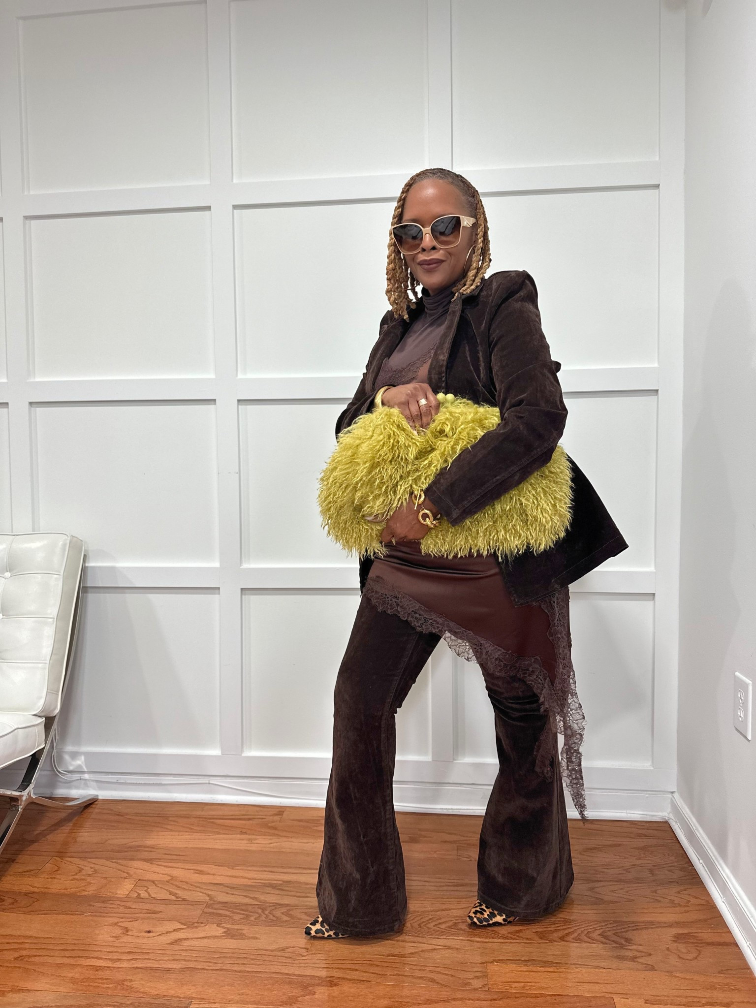 Brown outfit with leopard and faux fur bag 

Suit runs small and has no stretch 

#LTKmorningroutine #LTKHoliday #LTKdayinmylife