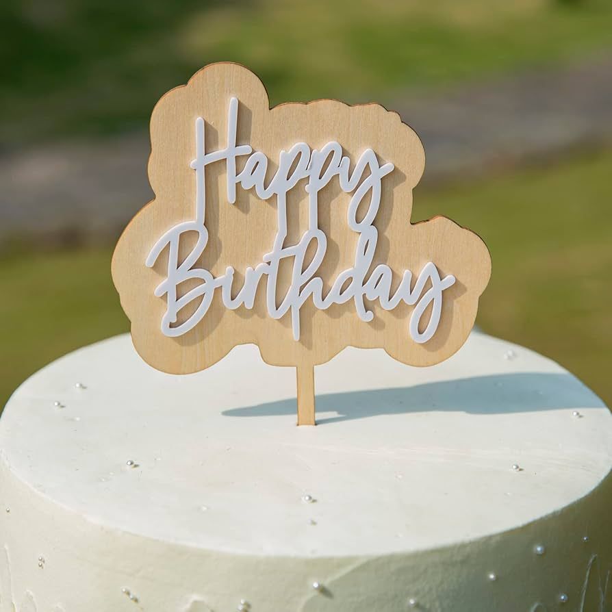 Wood Happy Birthday Cake Topper - Birthday Party Decorations, White Acrylic Happy Birthday Cake T... | Amazon (US)