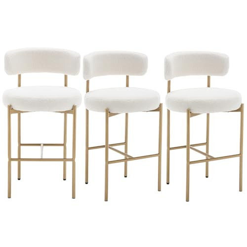 Canxkun Gold Boucle Bar Stools Set of 3, 26" Modern Counter Stools with Backs, White Upholstered Barstools for Kitchen Island, Pub, Cafe | Amazon (US)